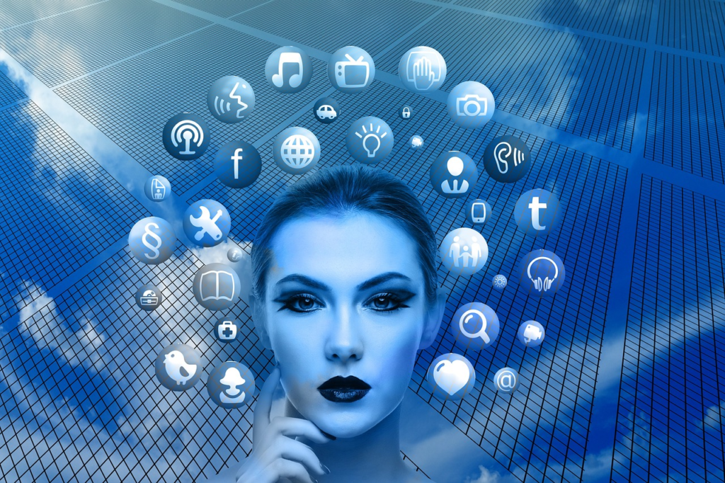 Woman surrounded by social media platform logos