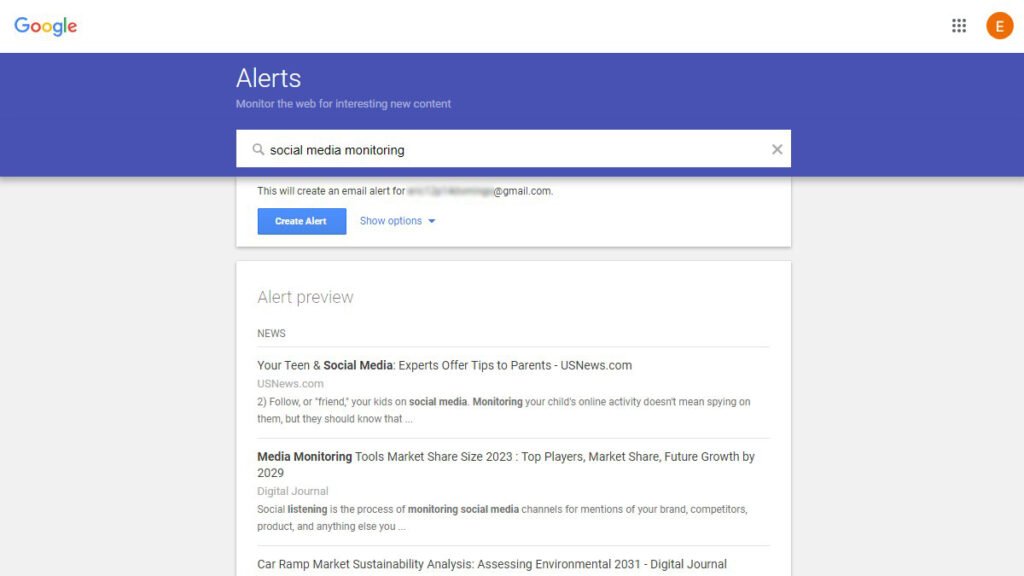 Google Alerts homepage